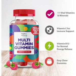 Multivitamin 120 Gummies (4 Months Supply) -Raspberry Flavour Adult Gummies with 11 Vital Vitamins & Minerals - High Strenght- Vitamin D, Zinc, Vitamin C + B - Health + Immune Support
