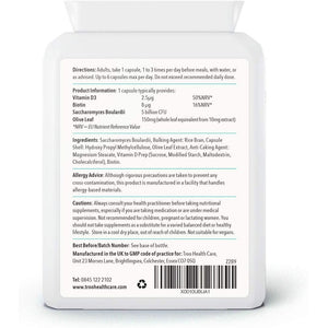 Troo Health Care Saccharomyces Boulardii Supplement - 90 Capsules – 5 Billion Cfu with Olive Leaf, Biotin and Vitamin D - Highly Stable Friendly Yeast to Support Gut Bacteria Balance