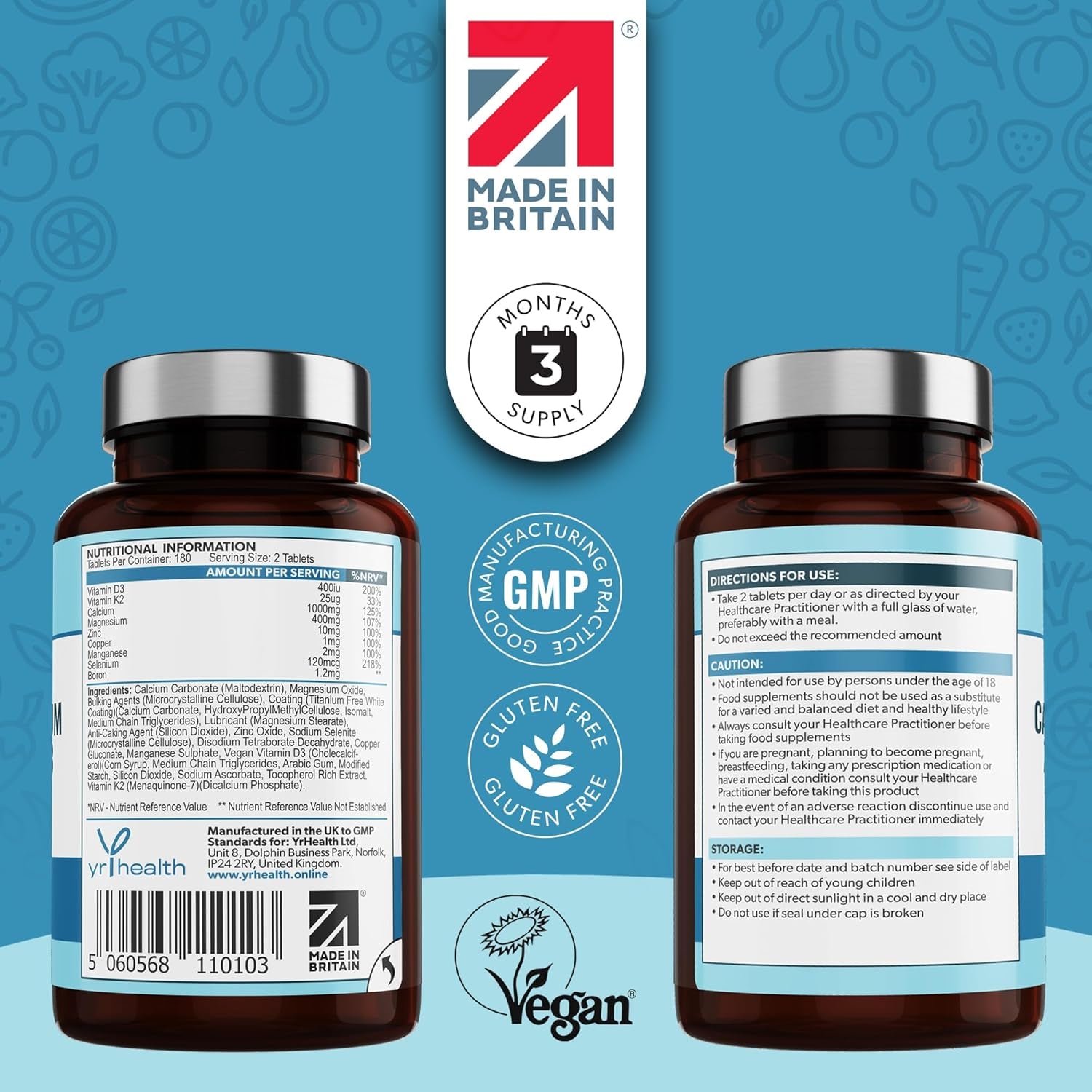 Calcium, Magnesium, Zinc and Vitamin D plus Vitamin K2 MK-7 Tablets - Osteo Supplement - 180 Vegan Tablets Not Capsules - Made in the UK by Yrhealth