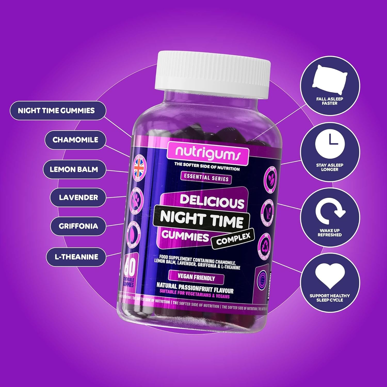 Night Time Complex Gummy | Chamomile, Lemon Balm, Lavender, Griffonia & L-Theanine | Passionfruit Flavour | 60 Vegan Gummies | Sleep & Bed Relaxation Support by NUTRIGUMS®