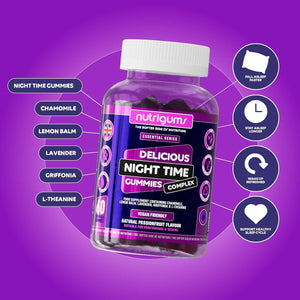 Night Time Complex Gummy | Chamomile, Lemon Balm, Lavender, Griffonia & L-Theanine | Passionfruit Flavour | 60 Vegan Gummies | Sleep & Bed Relaxation Support by NUTRIGUMS®