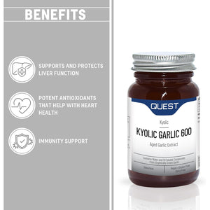 Quest Kyolic Garlic 90 Tablets - 600Mg High Strength Odourless Agedgarlic Extract for Heart, Liver & Immune Function. Daily Supplement, Improve Circulation, Liver Detox & Immunity (Pack of 1)