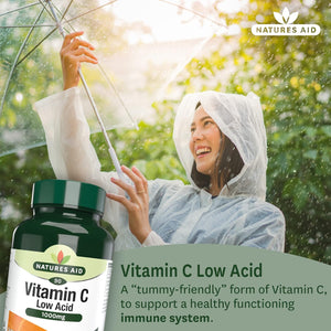 Natures Aid Low Acid Vitamin C 1000Mg – High Strength Immune Support, Antioxidant Protection – Gentle on Stomach – Supports Collagen, Skin, Energy & Iron Absorption – Vegan - 90 Tablets