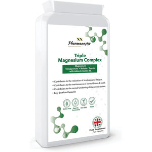 Triple Magnesium Complex 120 Vegan Capules - Malate, Bisglycinate & Taurate, Providing 375Mg Elemental Magnesium per Daily Serving - with Added Vitamin B6 by Pharmanostix
