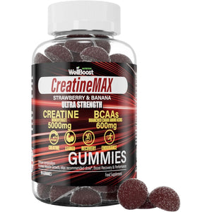 Wellboost Creatine MAX Gummies - 5000Mg Creatine Monohydrate & 600Mg Bcaas per Serving - Vegan, Sugar-Free Chewable Gummies with Strawberry & Banana Flavour - 90 Gummies (1 Month Supply)