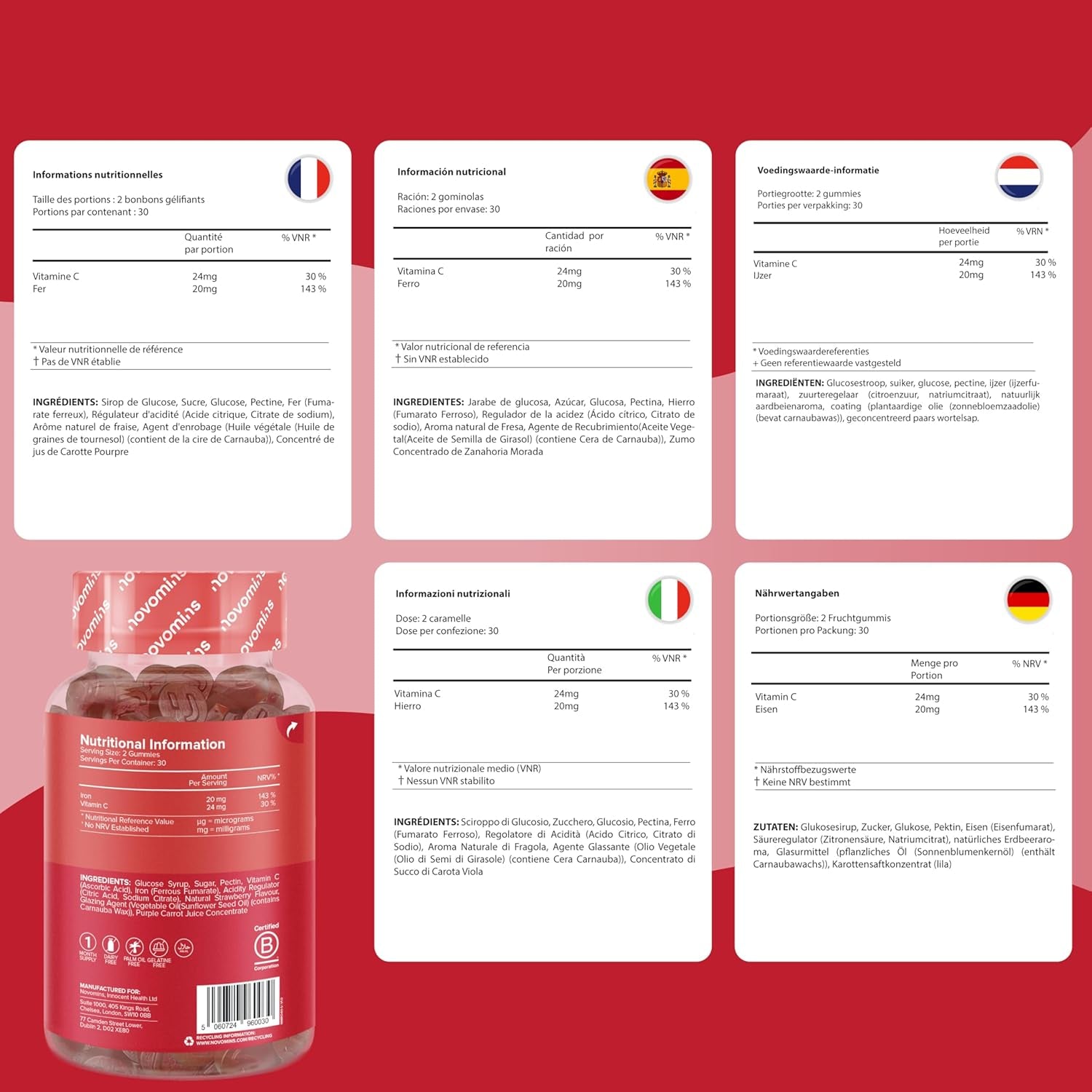 Iron Gummies with Vitamin C - 1-Month Supply - 20Mg High Strength Alternative to Iron Tablets & Drops - Supplements for Women & Men - Immune System & Energy Booster - Novomins