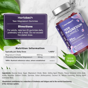 Teen Magnesium Gummies 90Mg | 60 Count | Elemental Mineral as 800Mg Magnesium Citrate | Berry Flavour Supplement Formulated for Teenagers | Vegan | by Horbaach