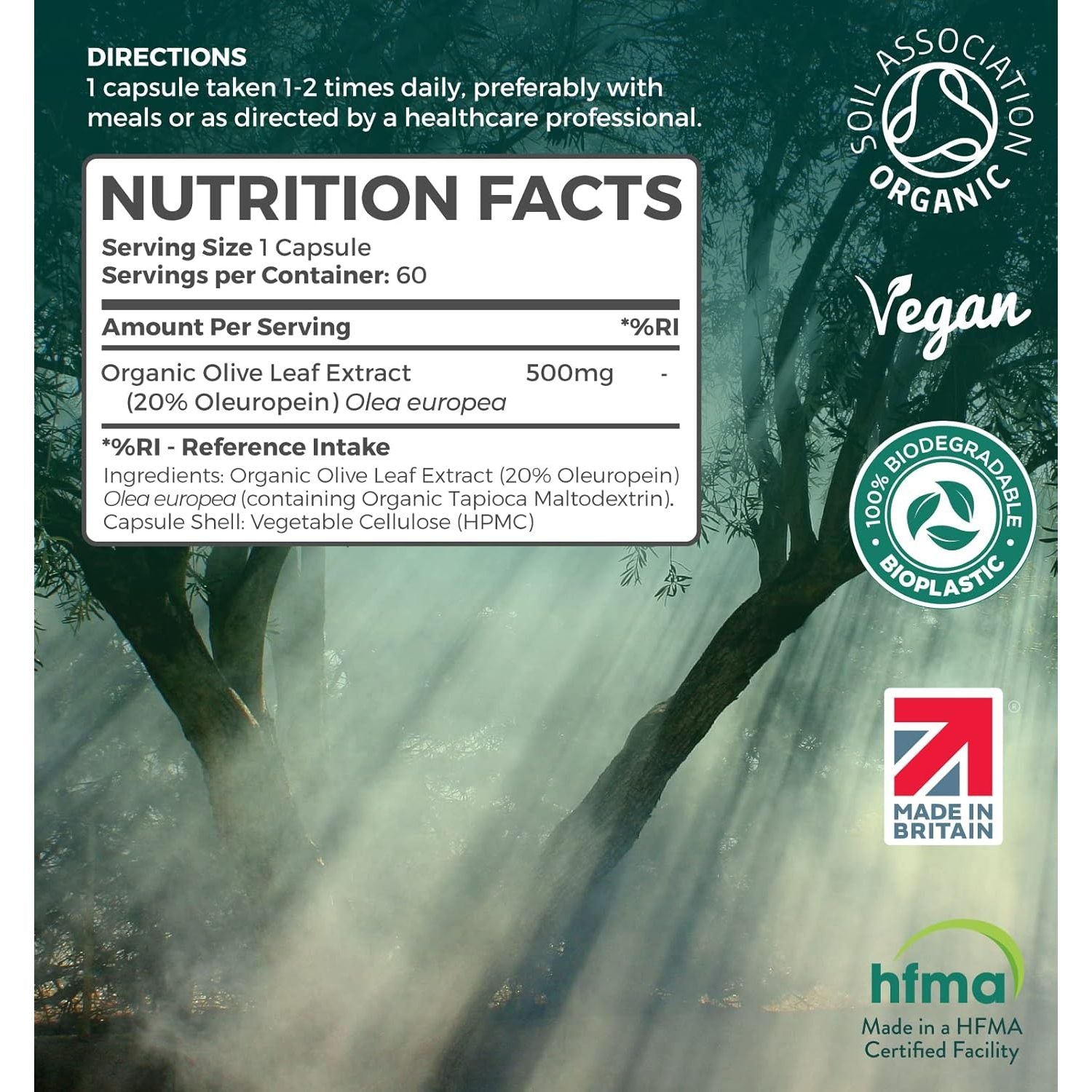 Organic Olive Leaf Extract Capsules | 500Mg OLE 20% Oleuropein | Vegan & Gluten Free Herbal Supplement | Made in the UK with Olive Leaves from Spain | Biodegradable Packaging