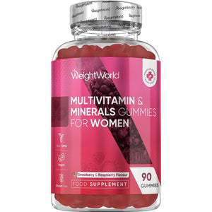 Multivitamin Gummies for Women - 13 Active Ingredients - 90 Gummies - Natural Strawberry & Raspberry Flavour - Women Multivitamins with Zinc, Calcium, Hyaluronic Acid & Vitamins A, C, B6, B7, B9 & B12
