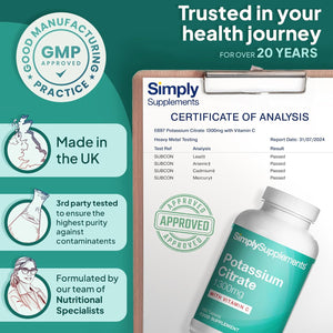 Potassium Citrate Tablets 1300Mg | with Added Vitamin C | 180 Tablets = 3 Month Supply | Vegan-Friendly Formula | Made in the UK