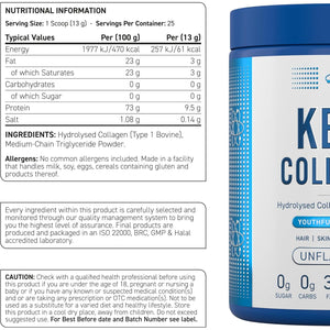 Applied Nutrition Keto Collagen Protein - Keto Protein Powder with MCT, Ketogenic & Paleo Diet, Zero Sugar & Carbs, Healthy Skin, Hair, Nails (Unflavoured) (325G - 25 Servings)