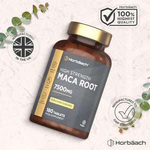 Maca Root 7500Mg | High Strength Maca Supplement for Men & Women | Peruvian Ginseng Extract | 180 Vegan Tablets | by Horbaach