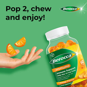 Berocca Immuno Multivitamin Gummies - Immune System Support Including Vitamin D, C, A, B-Complex (B6, B7, B12), E and Zinc - Supplement for Women, Men and Kids - 60 Gummies - Orange Flavour