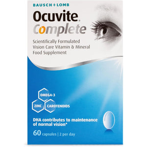 Ocuvite Complete, Eye Supplement Capsules, by Bausch + Lomb, Lutein and Zeaxanthin Supplement with DHA Omega 3 plus Zinc, Supports Normal Vision, Two Capsules per Day