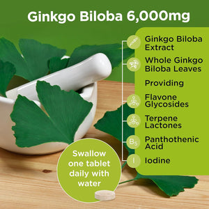Healthspan Ginkgo Biloba 6,000Mg | High Strength | 180 Tablets | Iodine | Vitamin B5 | Flavone Glycosides | Vegan