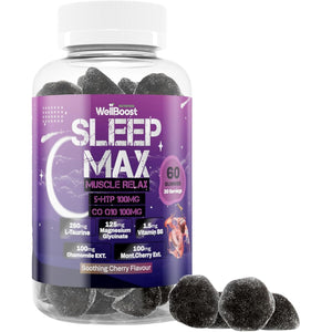 Wellboost Sleep Max Gummies – 5-HTP, Coq10, L-Taurine, Magnesium, Chamomile, Montmorency Cherry & Vitamin B6 – Soothing Cherry Flavour – Vegan Sleep Supplement (1 Month Supply)
