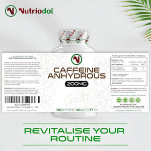 Nutriodol® Caffeine Pills 200Mg 180 Tablets | Energy Boost & Exercise Support Pre Workout | Improve Focus & Alertness | Vegan EU Made | GMP Approved