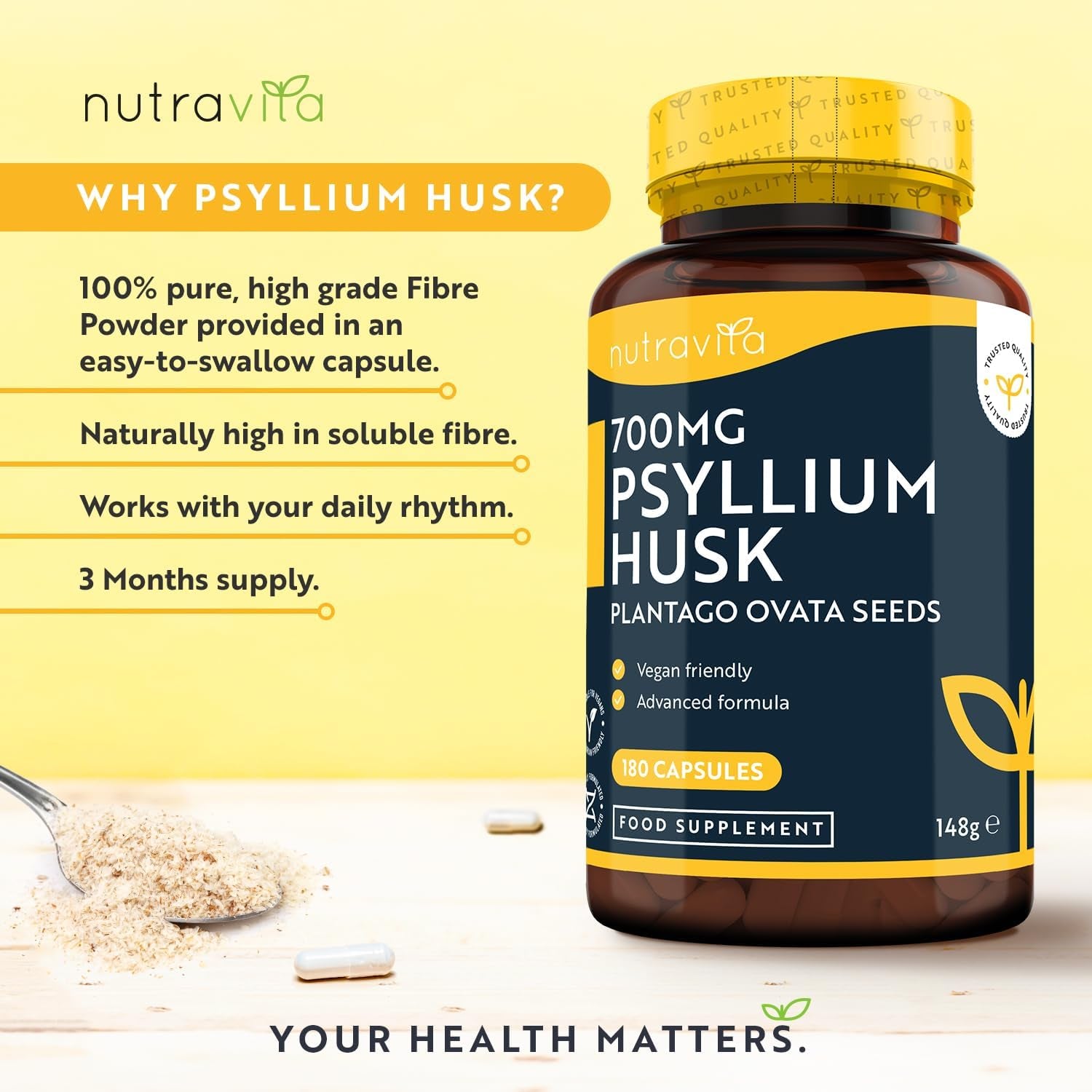 Psyllium Husks Fibre Supplement – 1400Mg per Serving – Naturally High in Soluble Fibre – 180 Vegan Capsules – Supports Daily Rhythm – 100% Pure Plantago Ovata Plant Seeds – Made in the UK by Nutravita