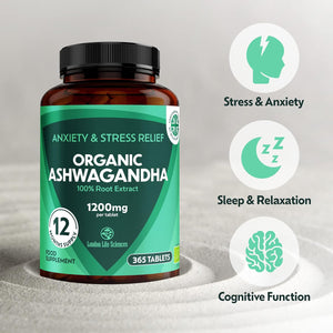 Organic Ashwagandha 1200Mg - 365 Tablets High Concentration Vegan Organic Root Extract - 12 Months Supply