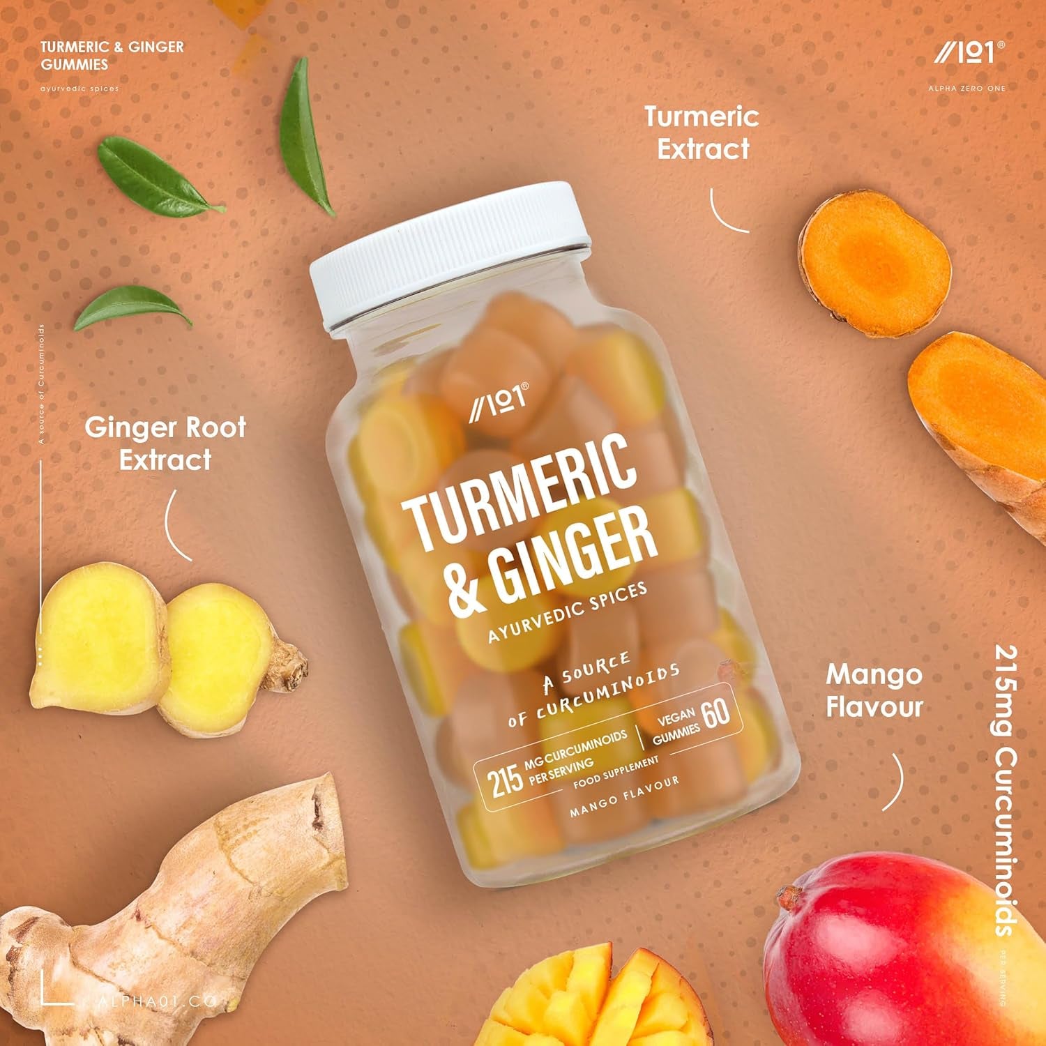 Turmeric Gummies with Ginger – 95% Curcuminoids – High Strength Curcumin Supplement – 60 Vegan Gummies – Natural Mango Flavour - Tablet Alternative by Alpha01