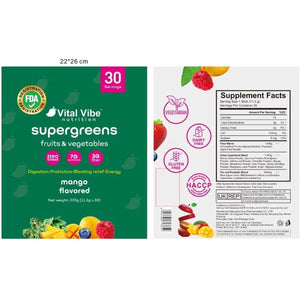 Vital Vibe Super Greens Powder 30 Servings - with Prebiotics, Probiotics & 3G Fiber - Spirulina, Chlorella for Gut Health, Energy & Digestion - Mango Flavor, Vegan, Zero Sugar