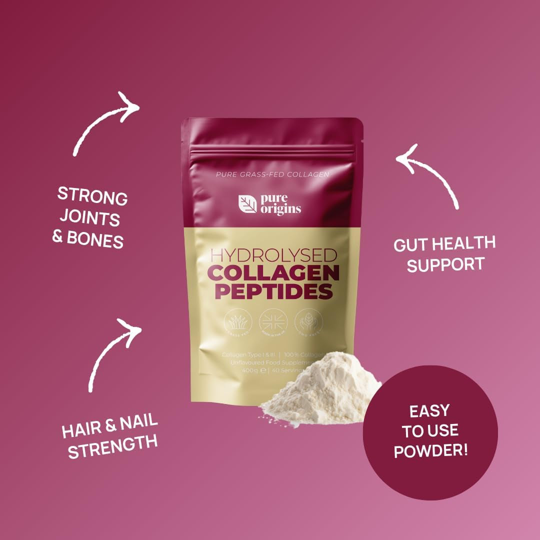 Pure Origins Bovine Collagen Powder 400G - Grass Fed, Grass Finished Pure Unflavoured Premium Hydrolysed Bovine Collagen Peptides Powder (Type 1 & 3) Collagen Supplement for Women & Men