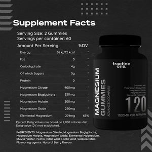Fraction One Magnesium Gummies - 120 Gummies - 60 Servings - 1100 Mg per Serving - Magnesium Citrate 1400Mg - Glycinate 250Mg - Malate 200Mg - Oxide 150Mg - Elemental Mg