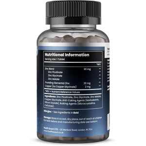 Zinc Picolinate 3-In-1, High Strength 92Mg - Zinc Picolate, Glycinate and Malate with Added Copper Glycinate - Immune Support, Hair, Skin & Nails - (4 Month Supply) - 120 Tablets by Healthessent