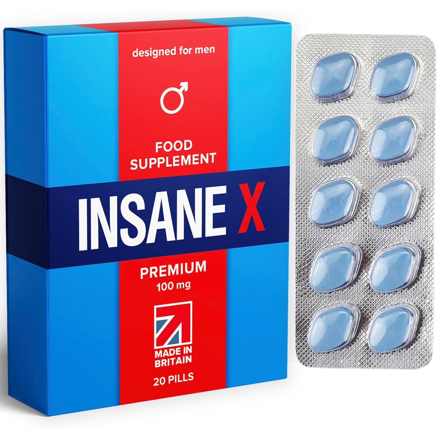 20 INSANE X Premium - Extra Strong Pills for Men UK - Natural Fast-Acting Ginseng Tablets for Men - for Enhanced Performance