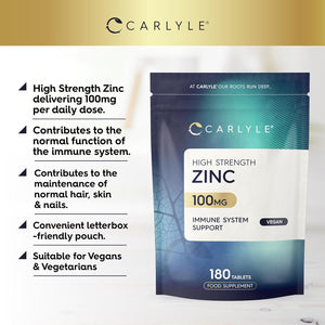 Zinc Tablets 100Mg | Immunity Support Supplement | High Strength Zinc Citrate | 180 Vegan Tablets | Carlyle