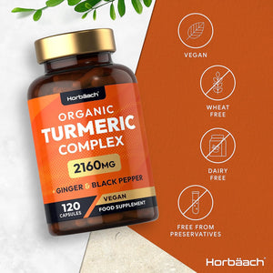Organic Turmeric and Black Pepper Capsules | 2160Mg | High Strength Curcumin with Ginger | 120 Vegan Capsules | by Horbaach