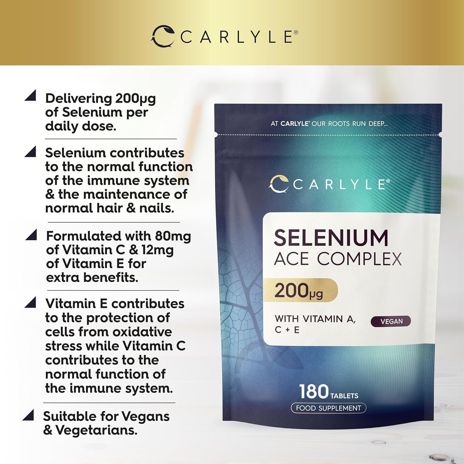Selenium 200Mcg | Selenium ACE with Vitamin A, C and E | 180 Vegan Tablets | High Strength Supplements| Essential Trace Mineral | Carlyle