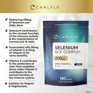 Selenium 200Mcg | Selenium ACE with Vitamin A, C and E | 180 Vegan Tablets | High Strength Supplements| Essential Trace Mineral | Carlyle