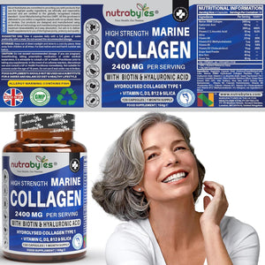 High Strength Marine Collagen 2400Mg with Hyaluronic Acid 100Mg, Biotin, Vitamin C, D3, B12 and Silica - 120 Capsules - High Strength Hydrolysed Marine Collagen for Men and Women, Made in UK