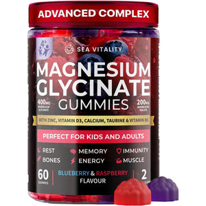 Magnesium Glycinate Gummies for Kids & Adults - High Strength Magnesium Glycinate 400Mg with Malate, Zinc, D3, B6 & Taurine – Blueberry & Raspberry Flavours – Sleep, Focus & Relaxation – 60 Chews
