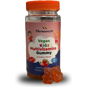 Pharmanostix Kids Multivitamins Gummies, Sugar-Free, 30 Vegan Gummies, Strawberry Flavour, Bear-Shaped, Vitamins A, C, D, B6, B12, Zinc & Selenium,