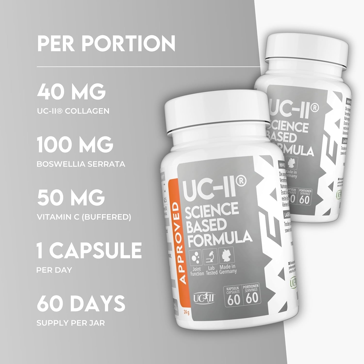 WFN Approved UC-II - Type 2 Collagen for Joints - 60 Capsules - 40Mg Undenatured Type II Collagen - Complex with UC II Collagen, Vitamin C & Boswellia Serrata - Produced & Tested in Germany