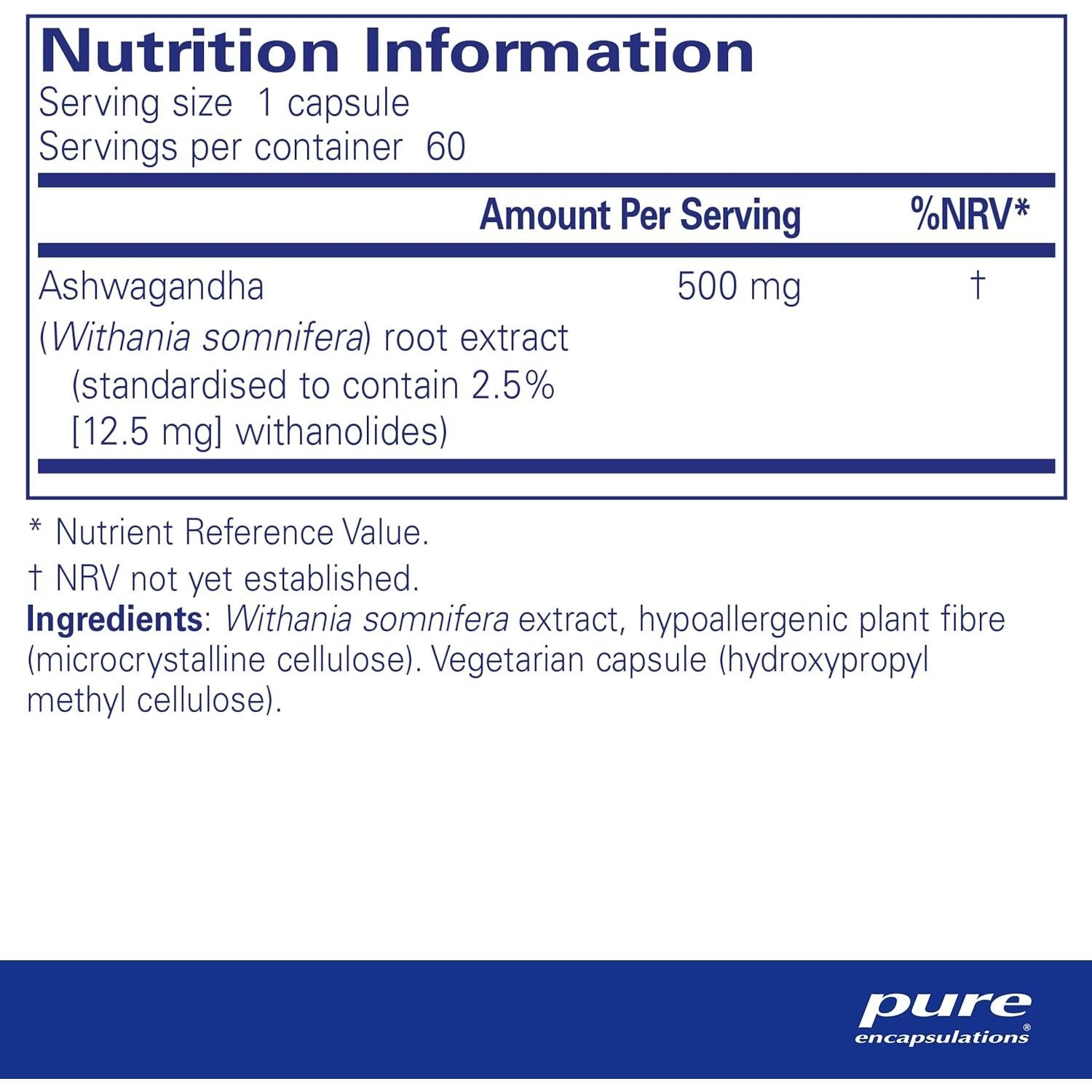 Pure Encapsulations Ashwagandha High Potency Extract 500Mg - Indian Ginseng Supplement for Cognitive & Joint Function, 60 Vegetarian Capsules