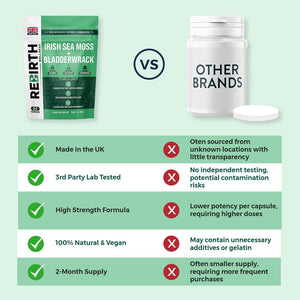 Sea Moss and Bladderwrack - 60 High Strength Capsules - 2 Month Supply - Vegan Friendly -No Synthetic Fillers or Binders - Made in the UK - Rebirth Wellness