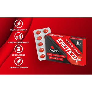 EROTICOX RED 1000Mg | Stronger | Longer | Harder | Performance | Extra Strength Enhancing Pills, Stamina Endurance Booster Supplement Pills for Men | 10 Ginseng Tablets