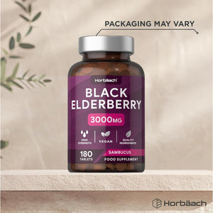 Elderberry Supplement 3000Mg | Black Sambucus Nigra Tablets | High Strength Extract | 180 Vegan Tablets | by Horbaach