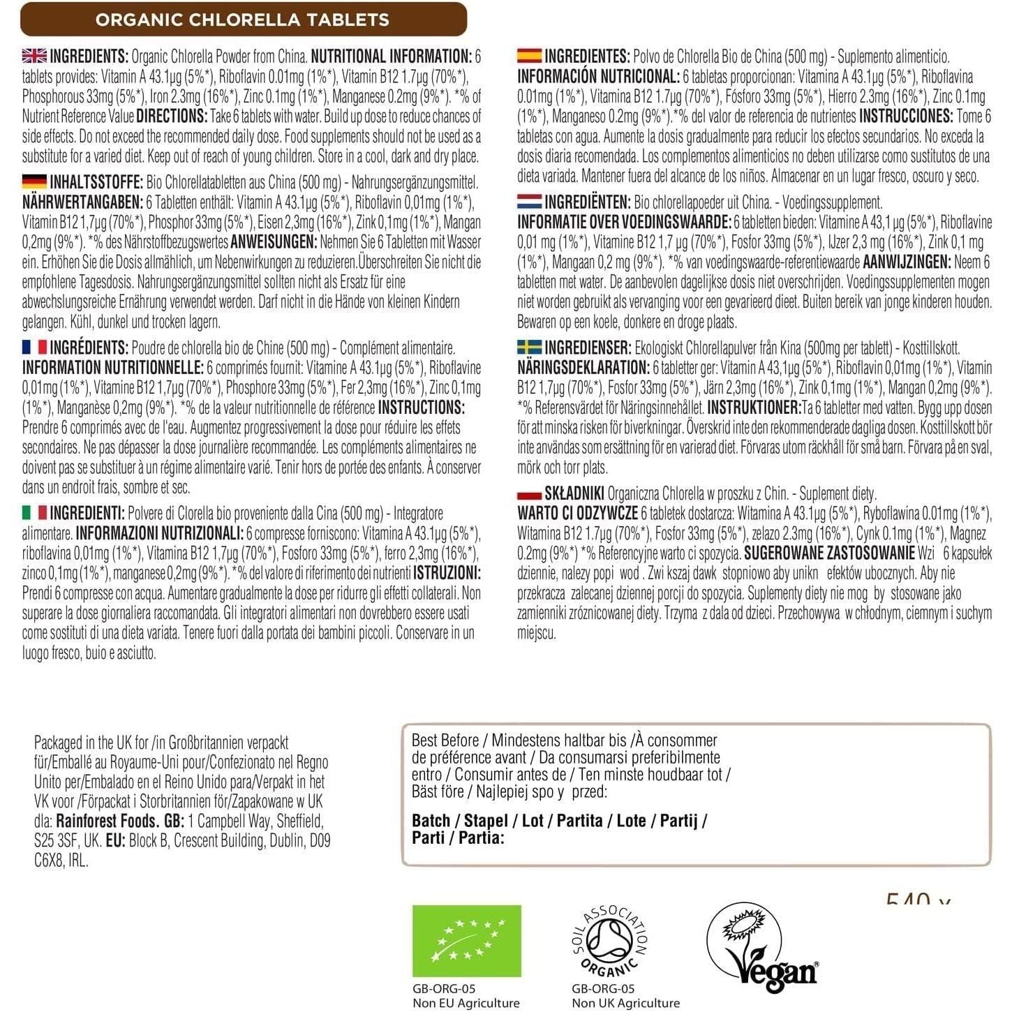 Rainforest Foods Organic Broken Cell Wall Chlorella Tablets 500Mg Pack of 300