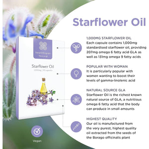 Starflower Oil 1,000Mg (90 Capsules) | Healthspan | Richest Source of Gamma-Linolenic Acid (GLA) | Women'S Health | 207Mg GLA & 131Mg Omega 9 Fatty Acids per Capsule | Vegan