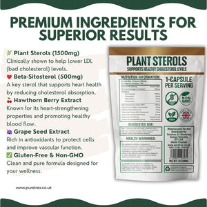 PURETREX Plant Sterols 2000MG Complex with Beta-Sitosterol - Supports Healthy Cholesterol Levels - with Hawthorn Berry & Grape Seed Extract - 120 Capsules - Gluten-Free & Non-Gmo Food Supplement