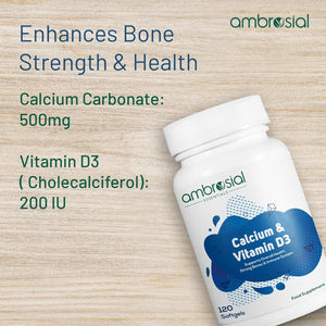 Ambrosial Calcium & Vitamin D Supplement, High Potency, High Strength Calcium, Vitamin D3, Gluten Free, Supports Bone Health, Muscles & Teeth, Pack of 1-120 Softgels