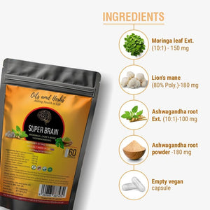 Super Brain- Moringa with Ashwagandha Lion Mane Mushroom 8600Mg- 100% Natural- No Added Fillers or Binders- Boost Your Brainpower and Enhance Mental Clarity