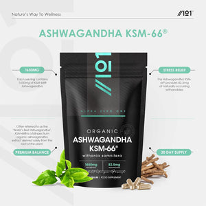 Organic Ashwagandha KSM-66® with Bioperine 1650Mg – 90 Vegan Capsules – 5% Withanolides – Most Bioavailable Full-Spectrum Root Extract – Resealable and Recyclable Pouch by Alpha01