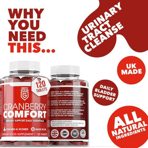 Cranberry Comfort Urinary Support Supplement – UTI & Bladder Support, Natural Urinary Tract Health Supplement for Women & Men – 120 Tablets – Made in the UK, Vegan Friendly