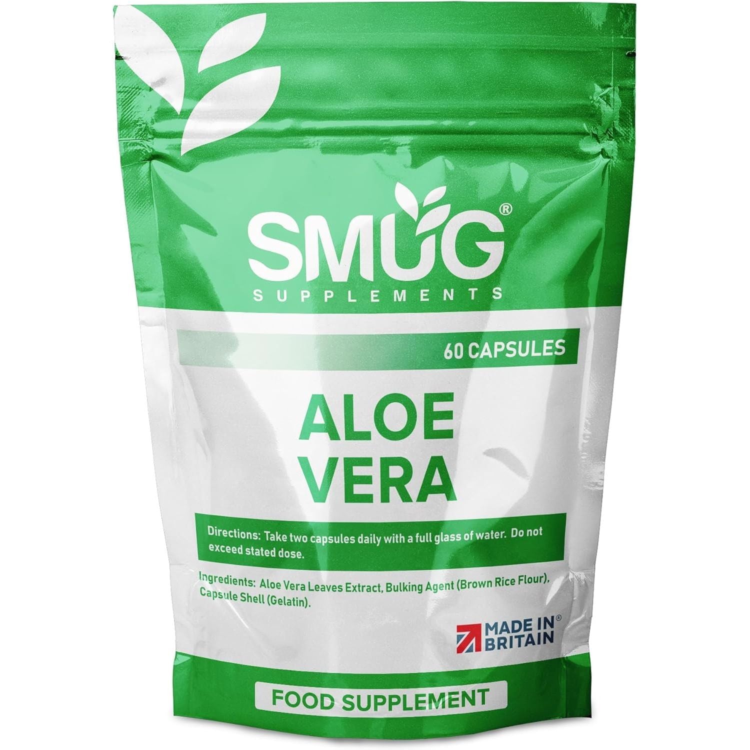 SMUG Supplements Aloe Vera - 60 Capsules - High Strength Natural Herb to Support Colon Cleanse and Detox - Two-A-Day - Equivalent to 12000Mg Leaf Juice - Made in Britain