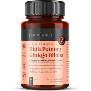 Pureclinica High Potency Ginkgo Biloba 30,000Mg X 90 Tablets - 3 Months Supply - 5 Times the Strength of Competitor Products